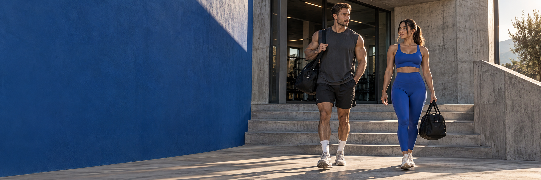 Twee sporters lopen na hun training de gym uit